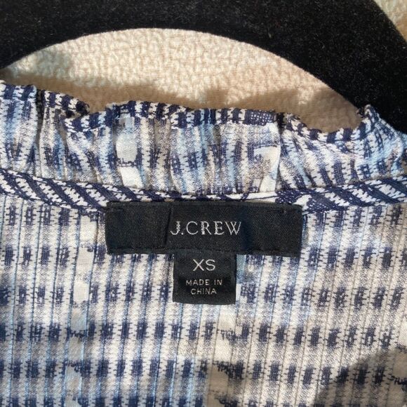 J Crew Blouse XS Navy Re-Imagined Ruffle Neck Button Up Stripe Geometric Design - Picture 5 of 11